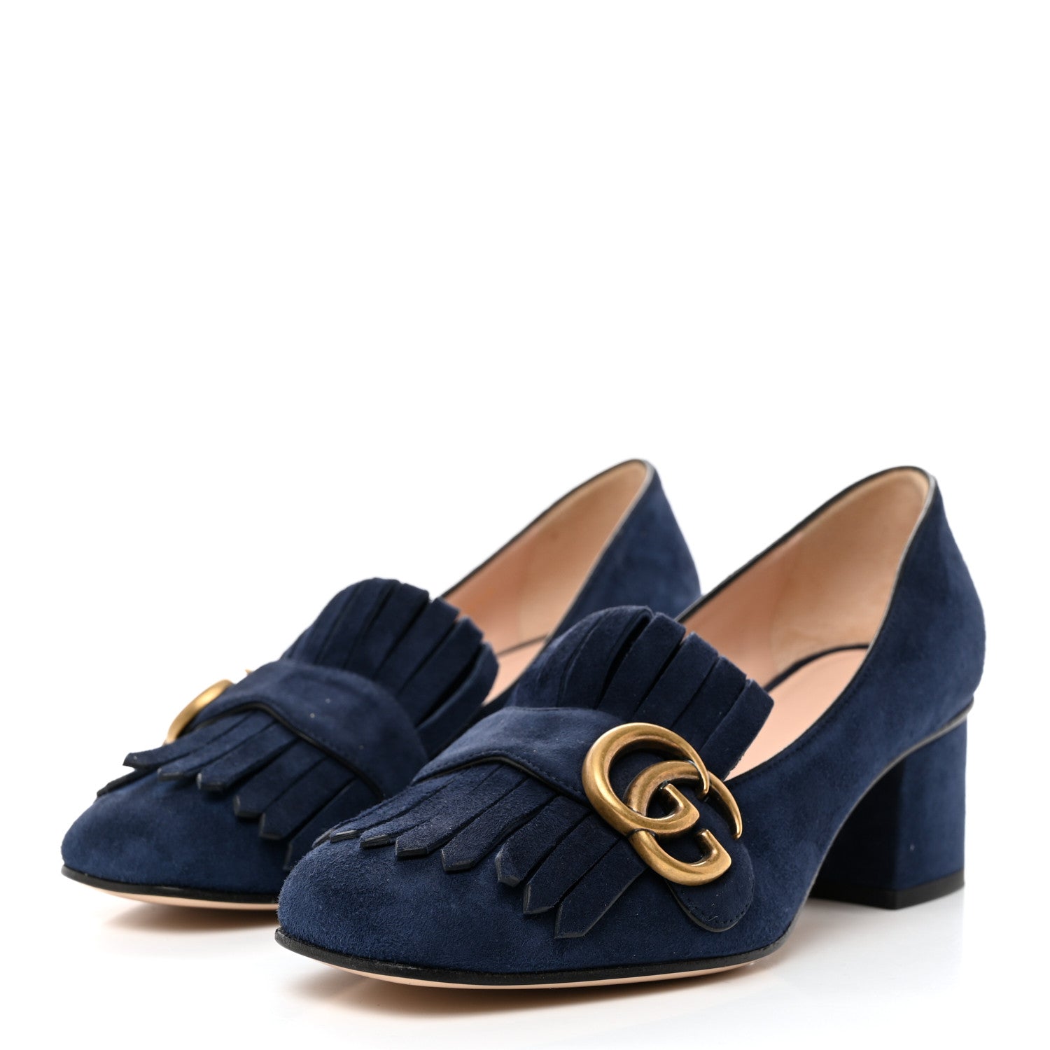 Gucci Kid Scamosciato GG Marmont Fringe 50mm Loafer Pumps 36 Blue Ink 3 of 9