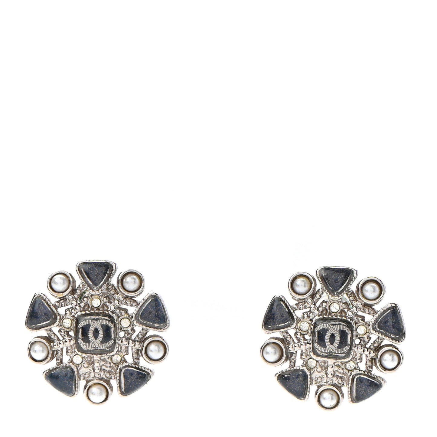Pearl CC Round Earrings Silver Blue