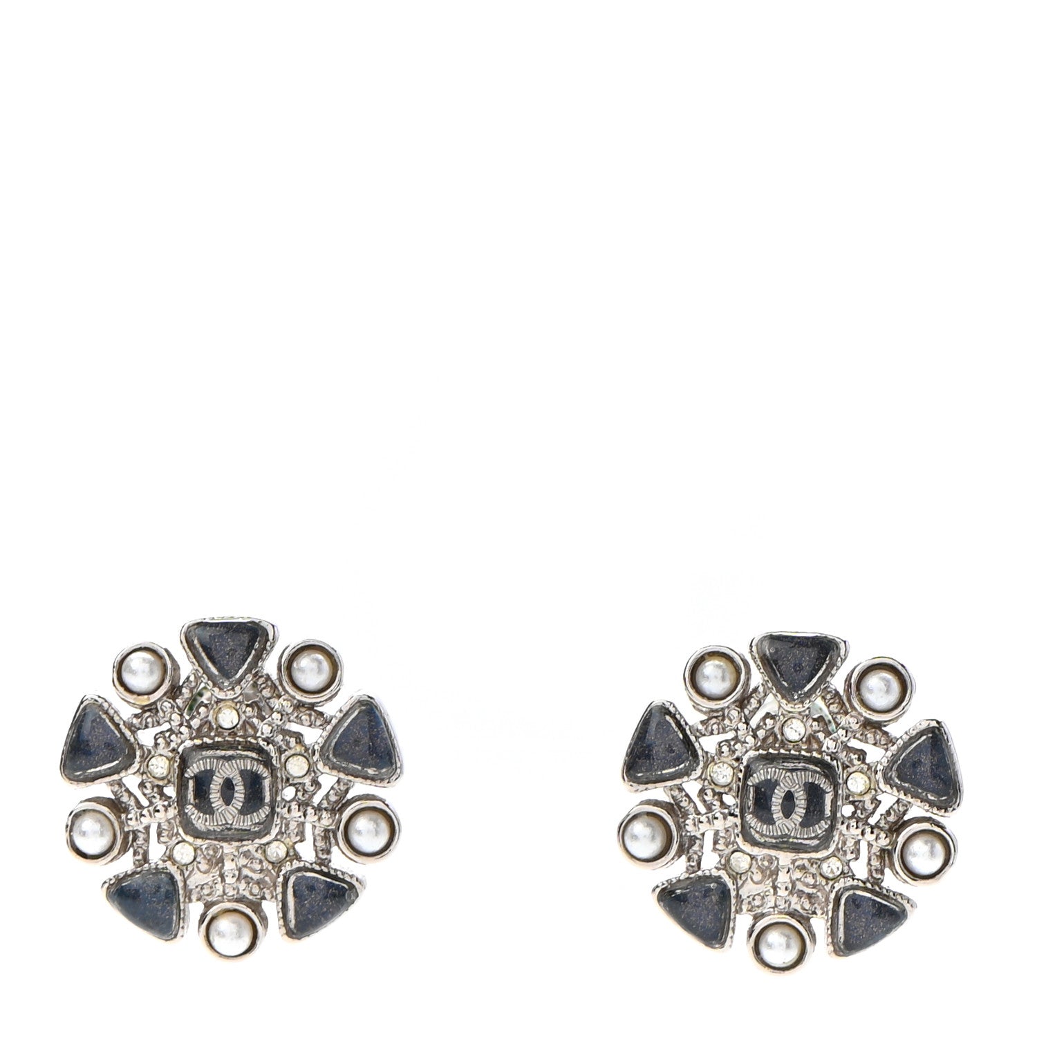 Chanel Pearl CC Round Earrings Silver Blue 1 of 4
