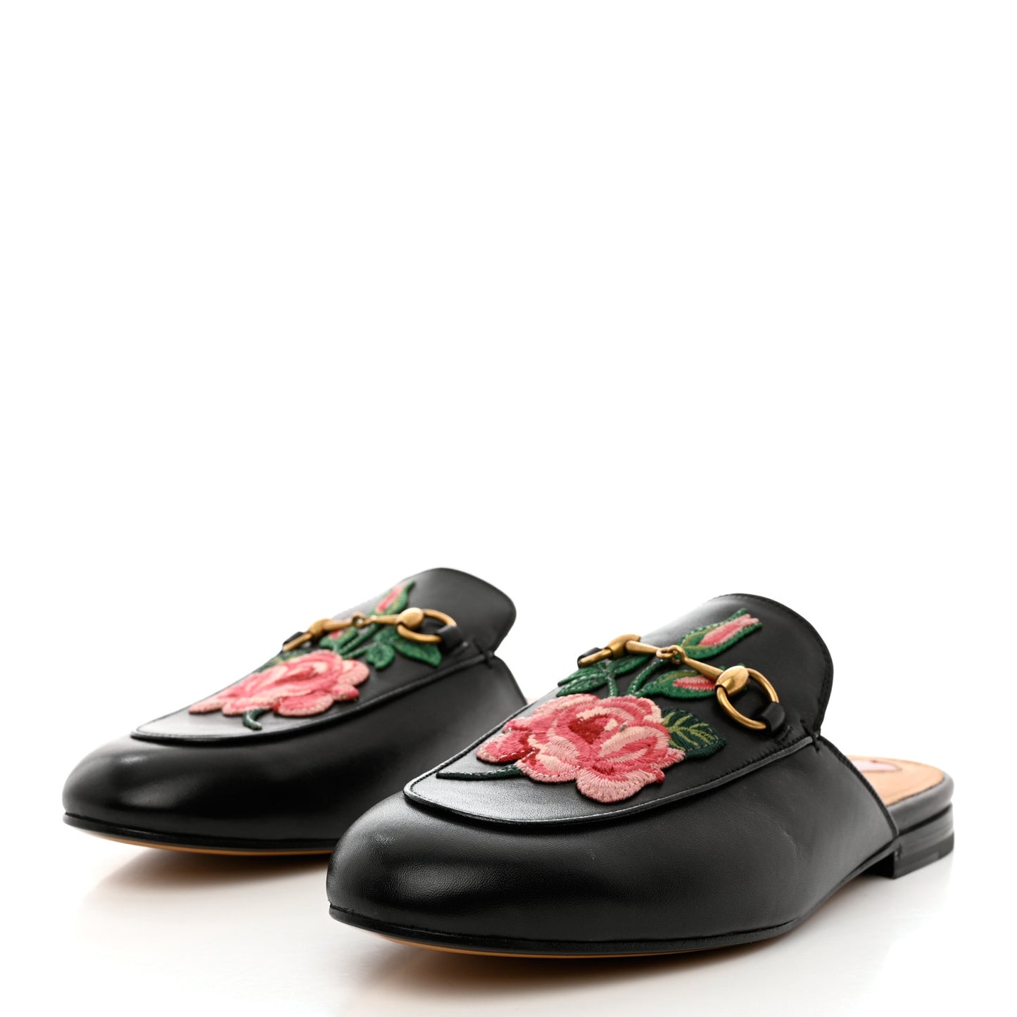 Calfskin Flower Embroidered Princetown Slippers 39 Black
