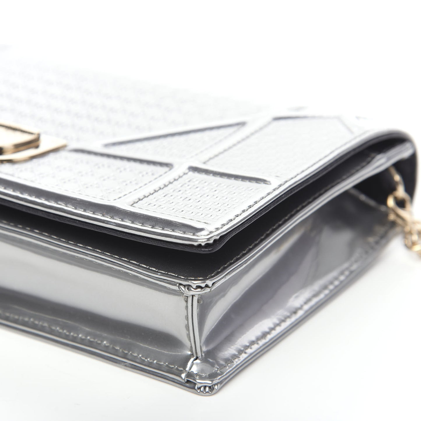 Metallic Patent Micro-Cannage Diorama Wallet on Chain Pouch Silver