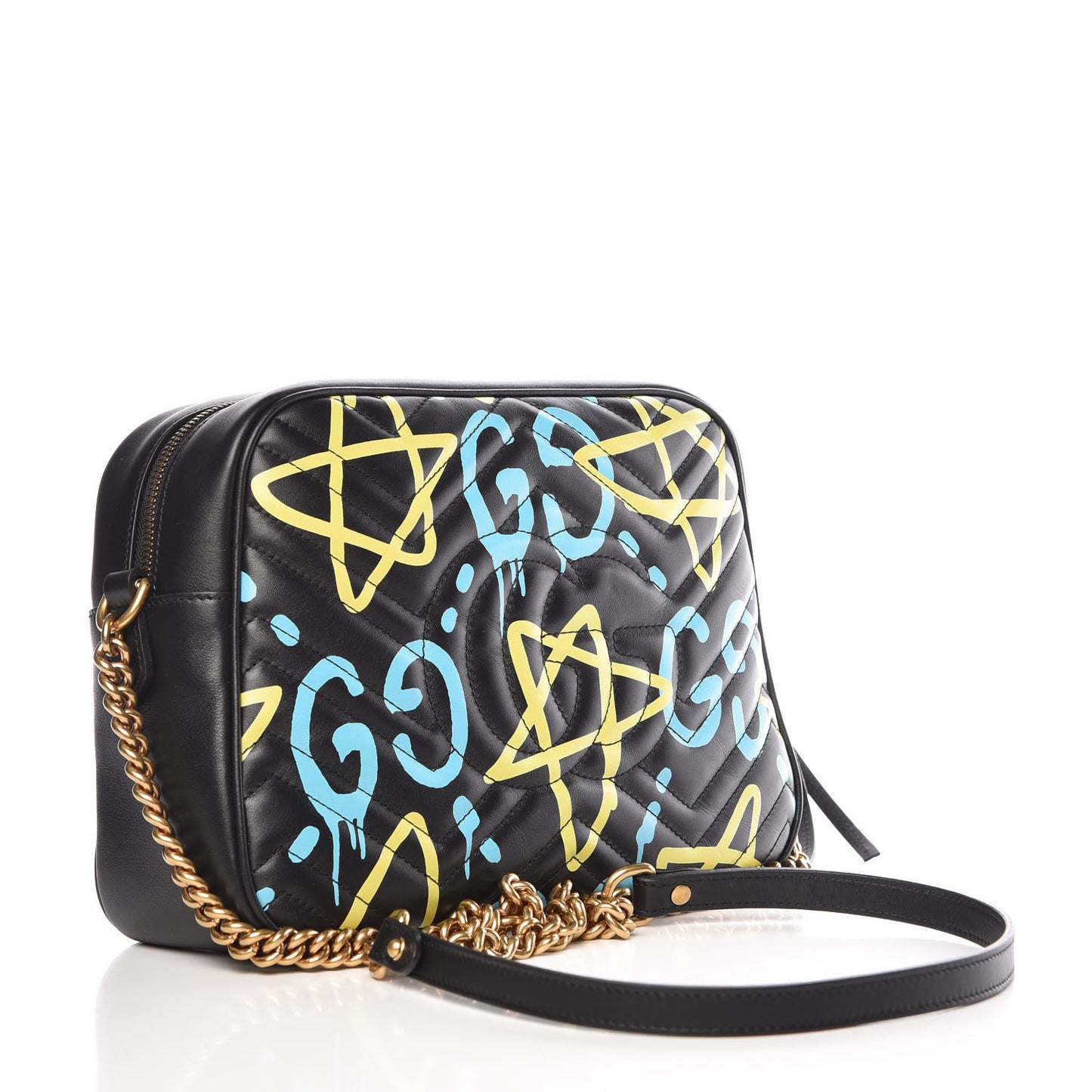 Calfskin Matelasse GucciGhost Medium GG Marmont Chain Shoulder Bag Black New Acquamarine