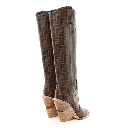 Fendi Glazed Fabric FF 1974 Cutwalk Tall Boots 37 Mogano Panna 4 of 7