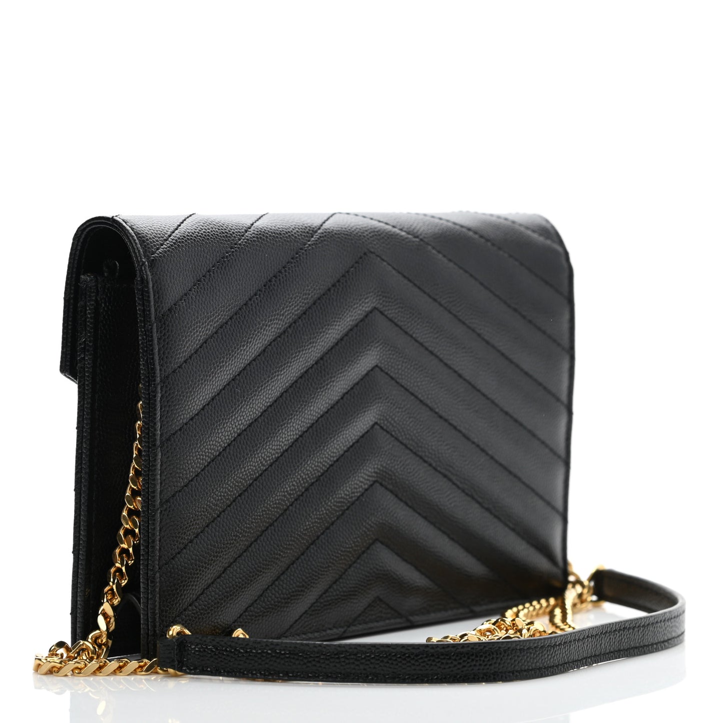 Grain De Poudre Matelasse Chevron Monogram Envelope Chain Wallet Black
