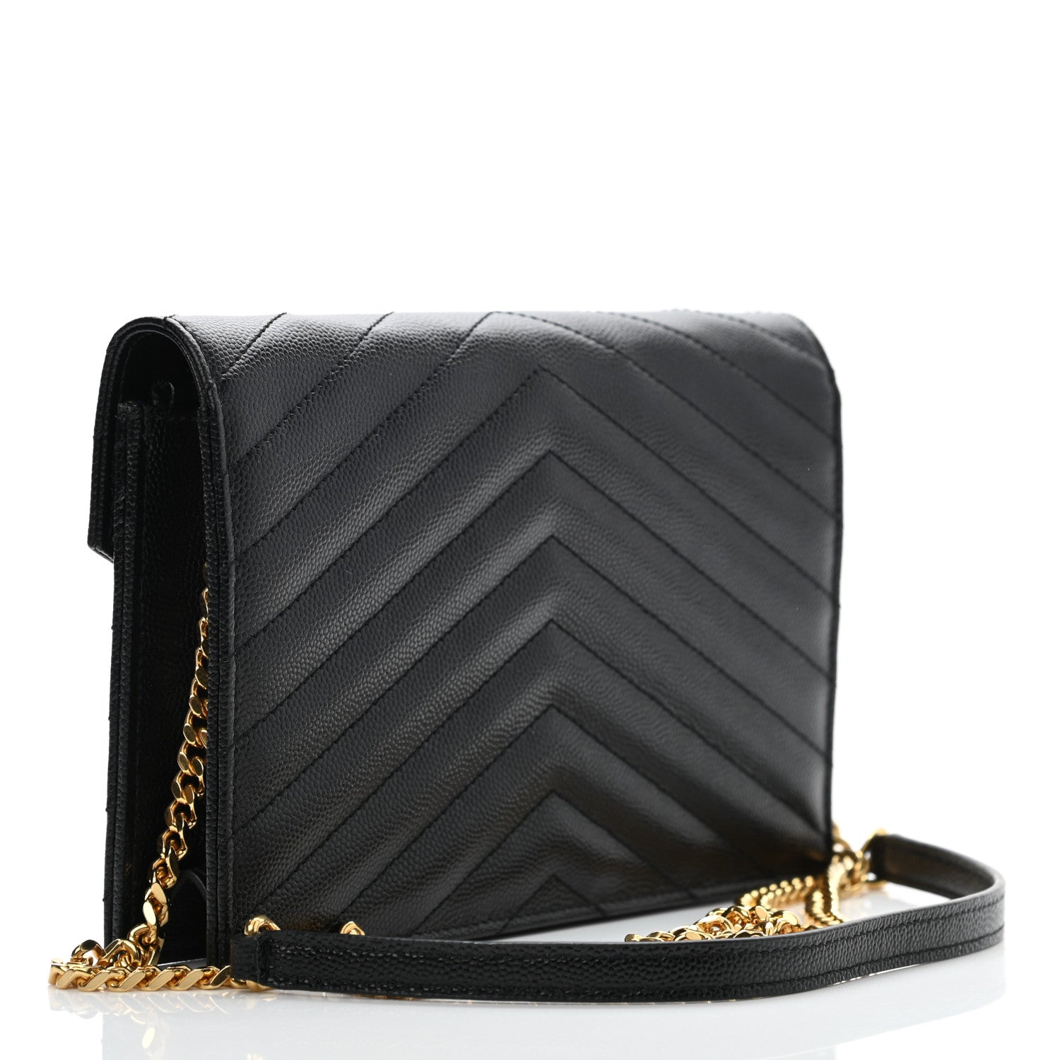 Saint Laurent Grain De Poudre Matelasse Chevron Monogram Envelope Chain Wallet Black 2 of 10