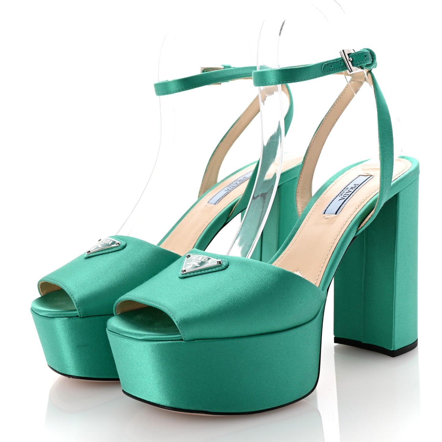 Satin Metal Triangle Logo Ankle Strap 40/135mm Platform Sandals 37 Assenzio