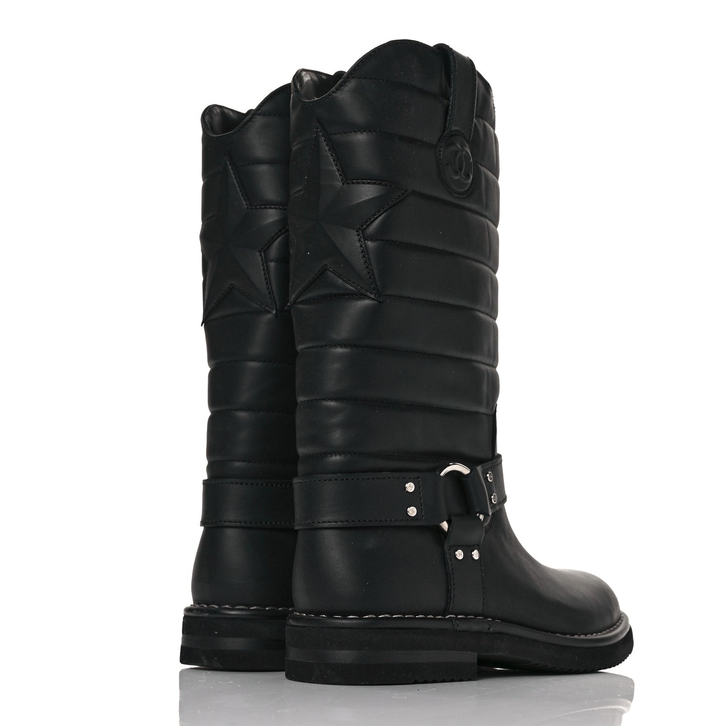 Oily Calfskin Star Quilted Biker Boots 36 Black