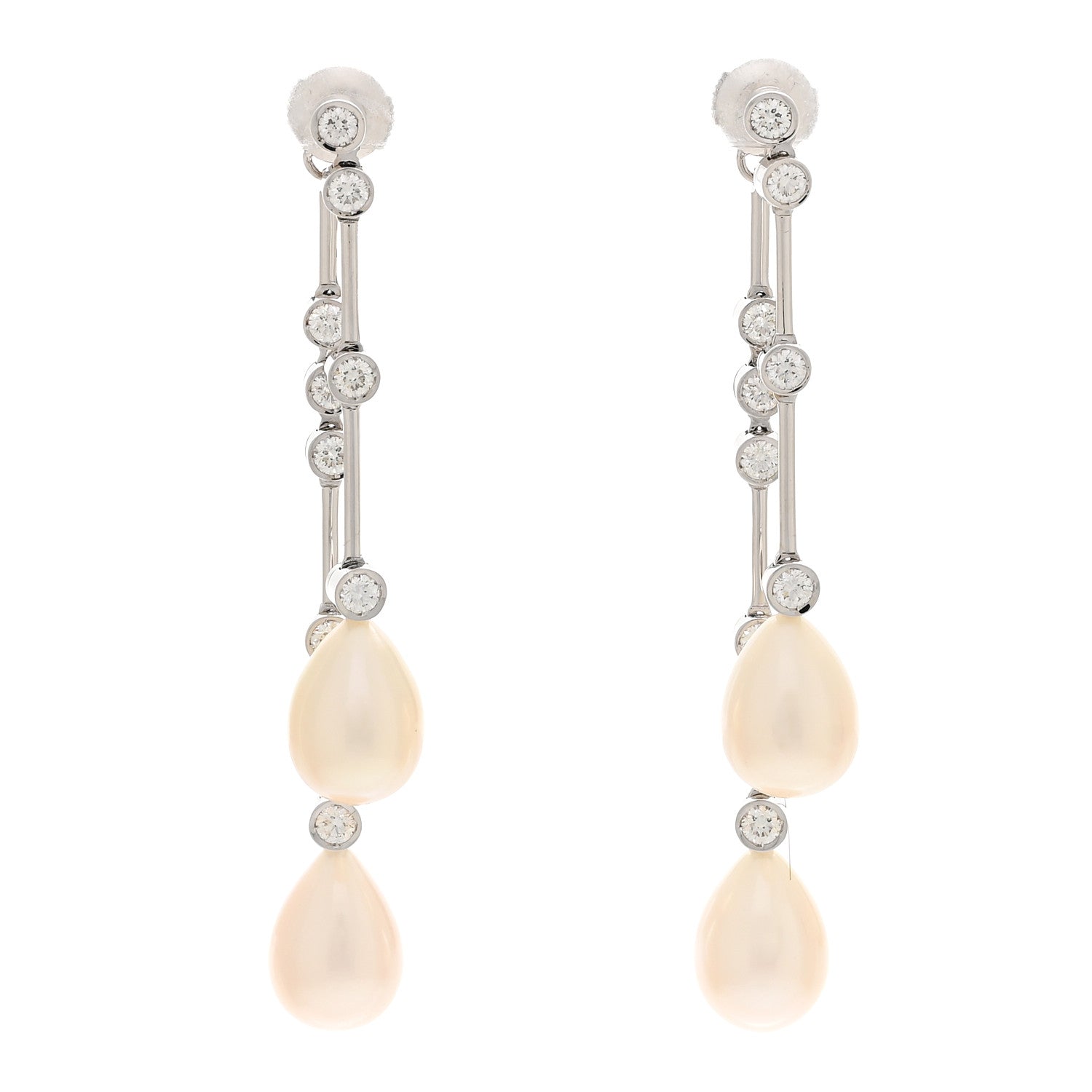 Chanel 18K White Gold Diamond Pearl Drop Earrings 1 of 5