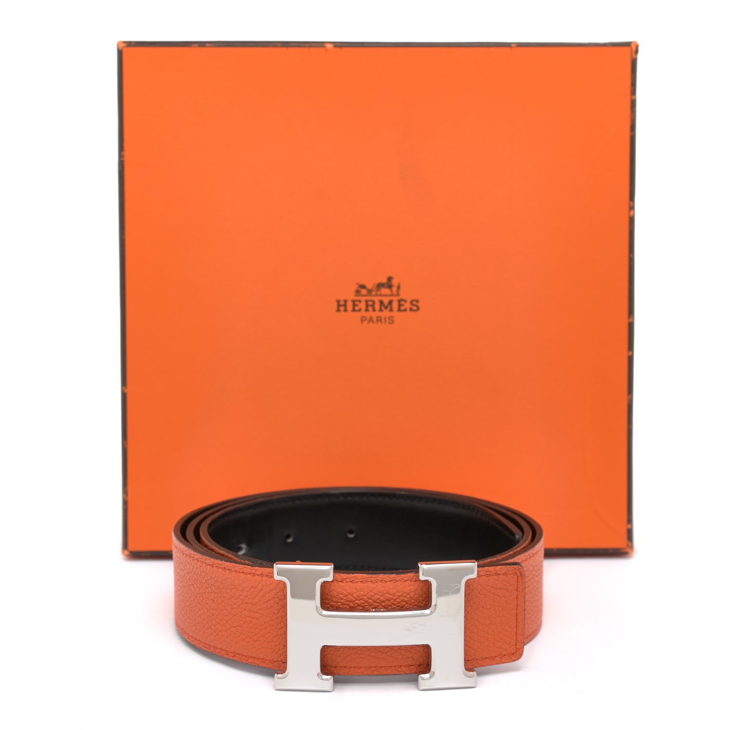 Hermes Box Togo 32mm H Belt 90 Black Orange 16 of 18