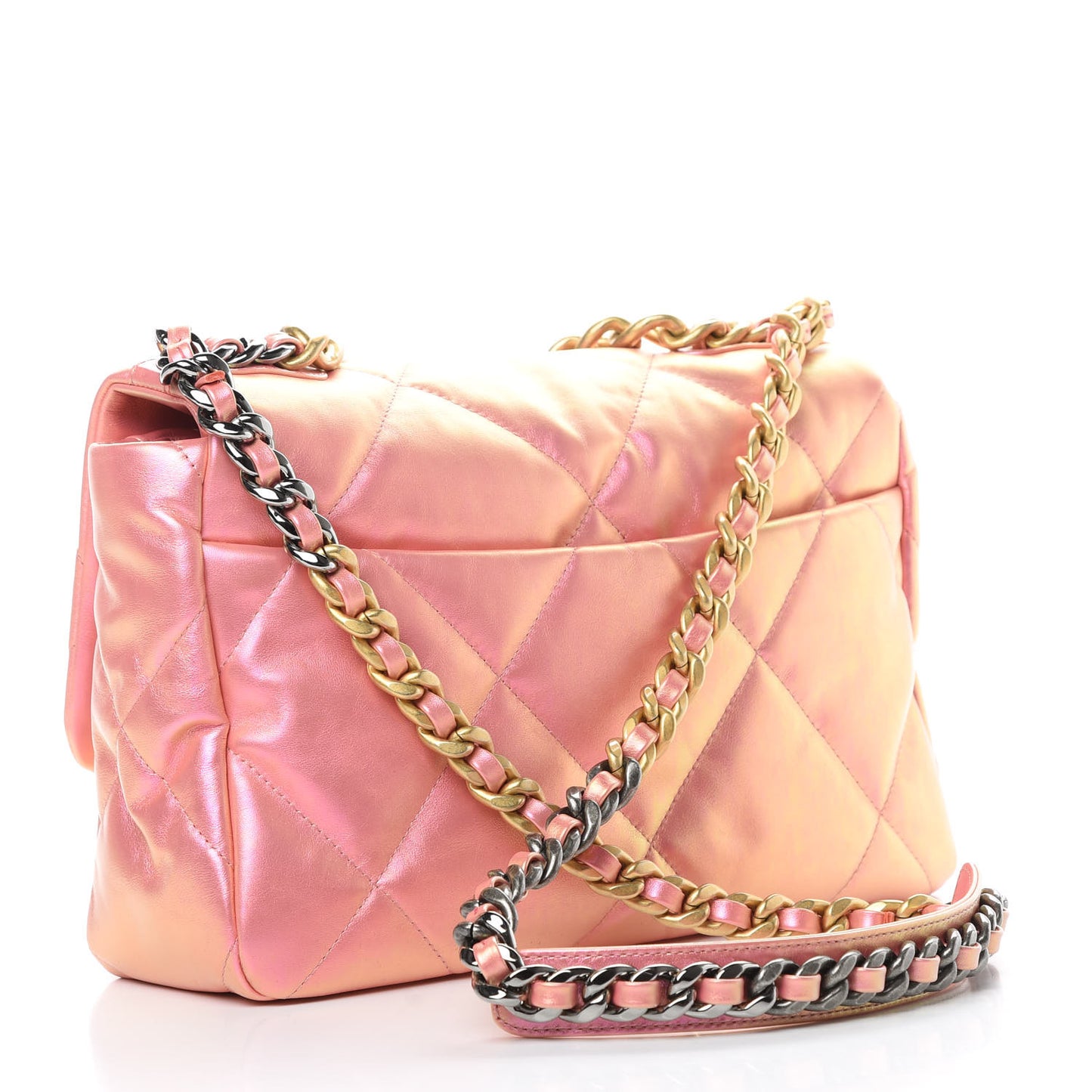 Iridescent Calfskin Quilted Large Chanel 19 Flap Pink