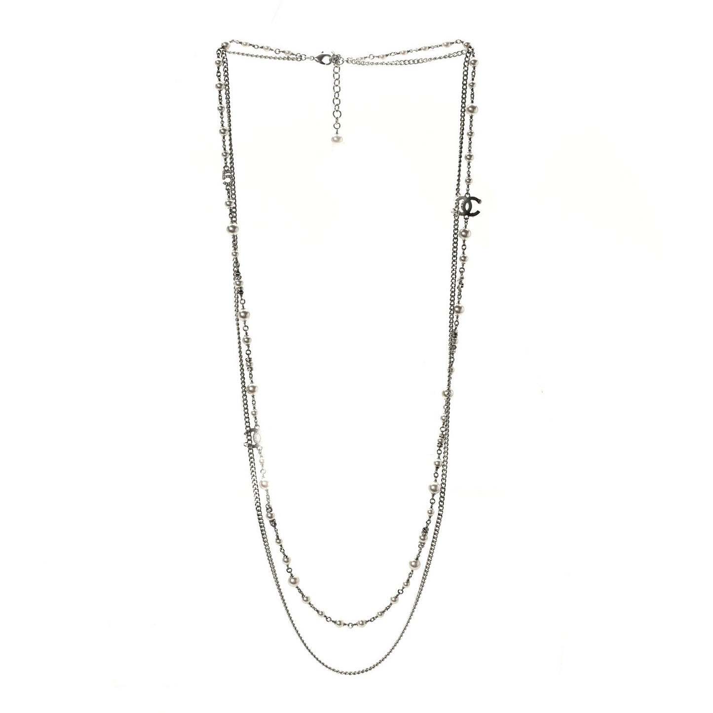 Pearl Crystal Strand CC Long Necklace Silver