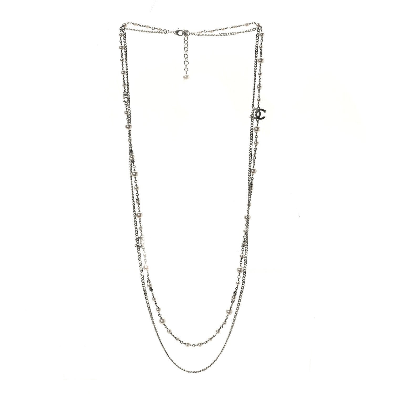 Chanel Pearl Crystal Strand CC Long Necklace Silver 3 of 6