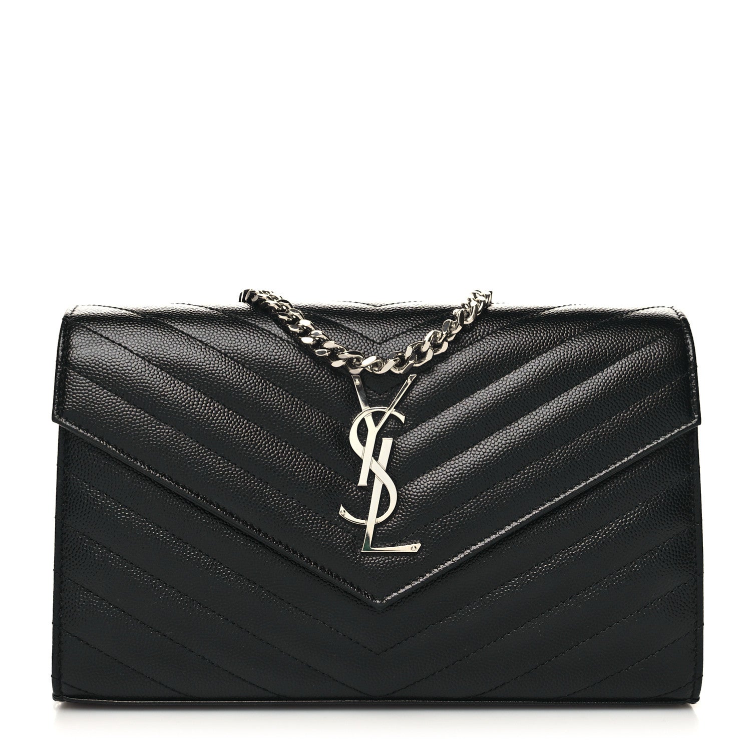 Saint Laurent Grain De Poudre Matelasse Chevron Monogram Chain Wallet Black 1 of 11