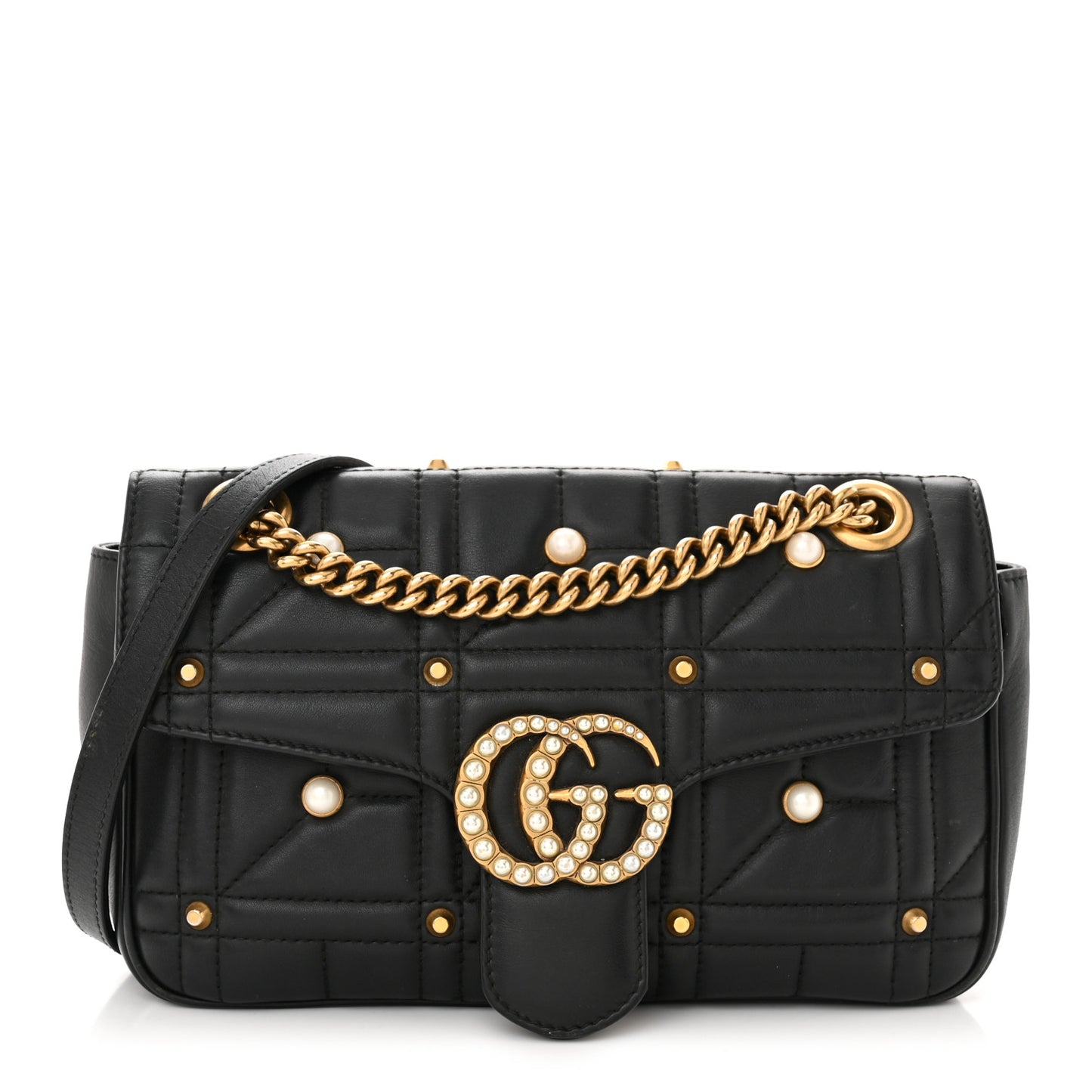 Calfskin Matelasse Studded Small Pearly GG Marmont Shoulder Bag Black