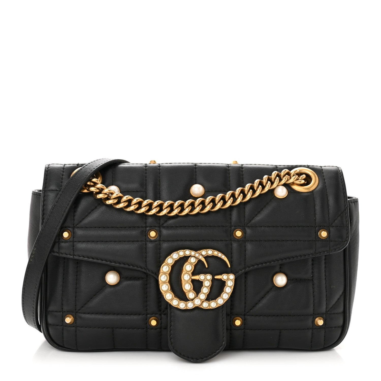 Gucci Calfskin Matelasse Studded Small Pearly GG Marmont Shoulder Bag Black 1 of 13