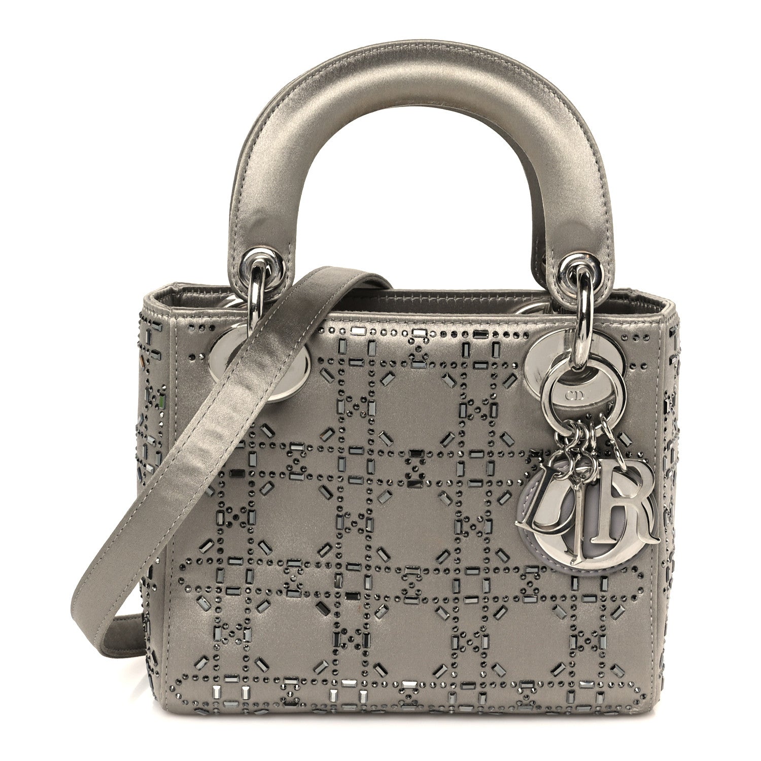 Christian Dior Satin Crystal Cannage Mini Lady Dior Gray 1 of 10