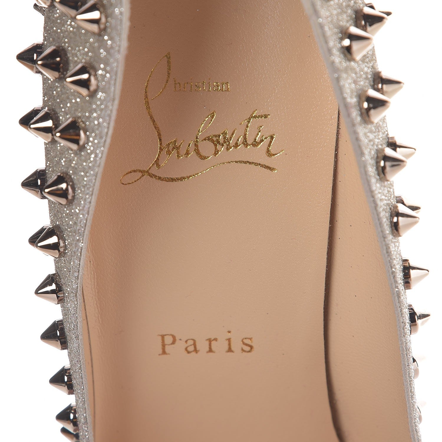Christian Louboutin Glitter Mini Specchio Follies Spikes 100 Pumps 38 Ivory Colombe Metal 7 of 8