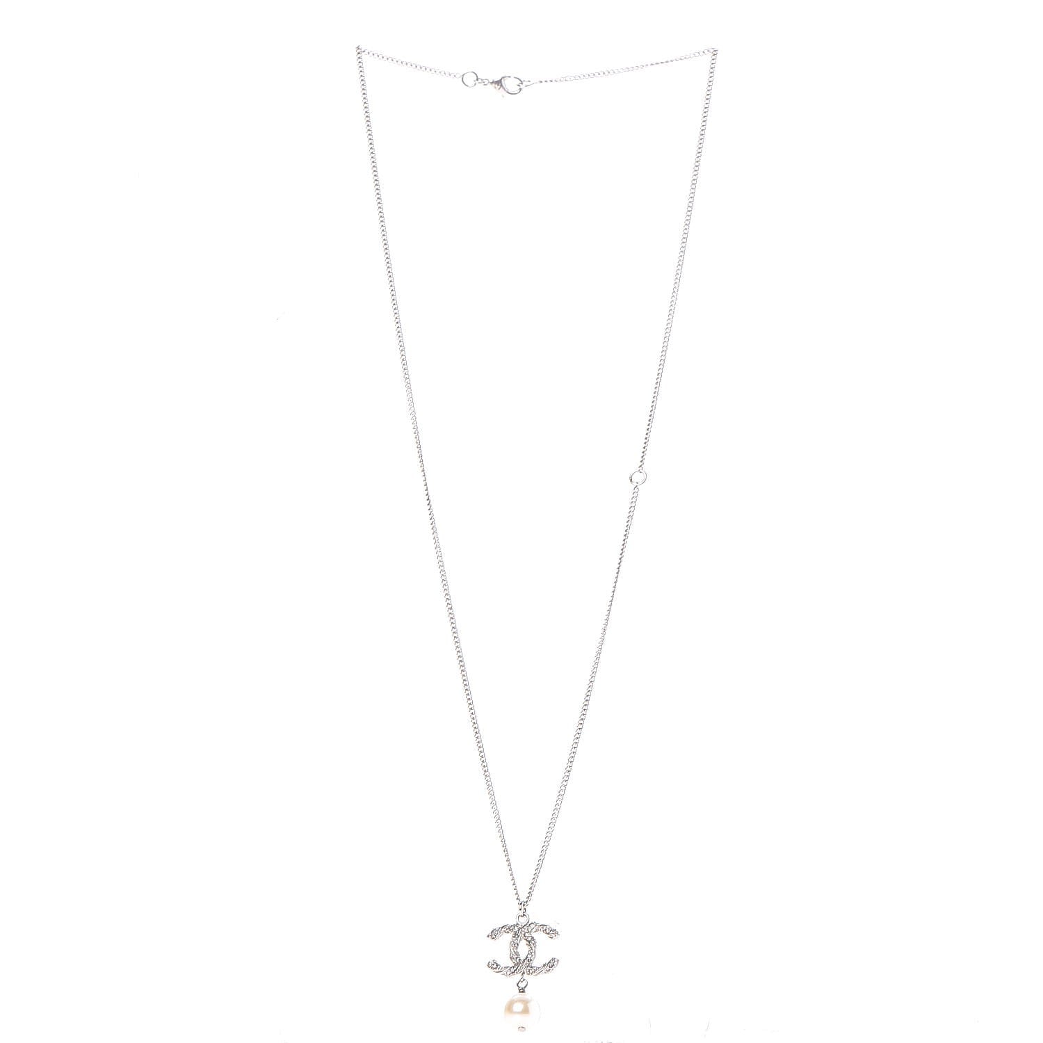 Chanel Pearl Crystal Twisted CC Necklace Silver 3 of 6