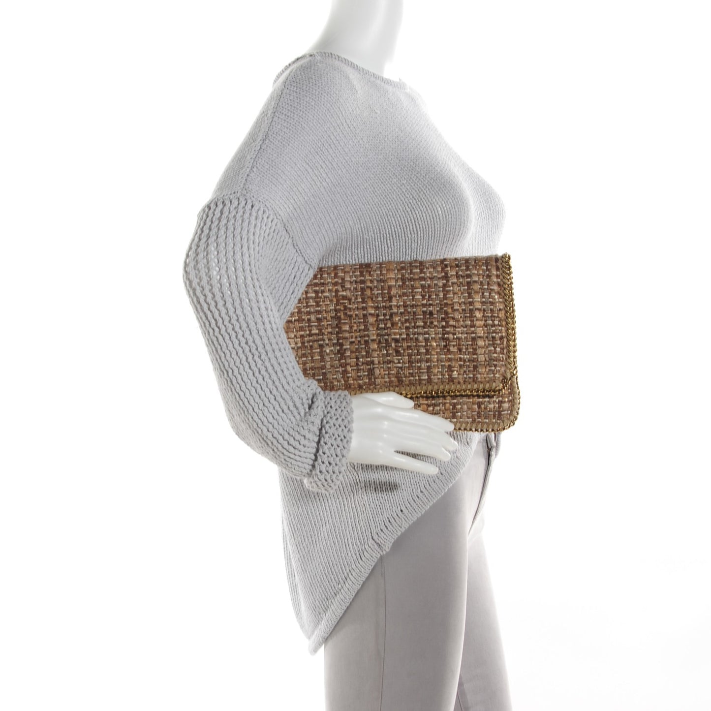 Woven Boucle Fold Over Falabella Clutch White Sand