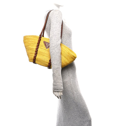 Prada Paglia Vitello Woven Braided Basket Tote Yellow Cognac 2 of 9