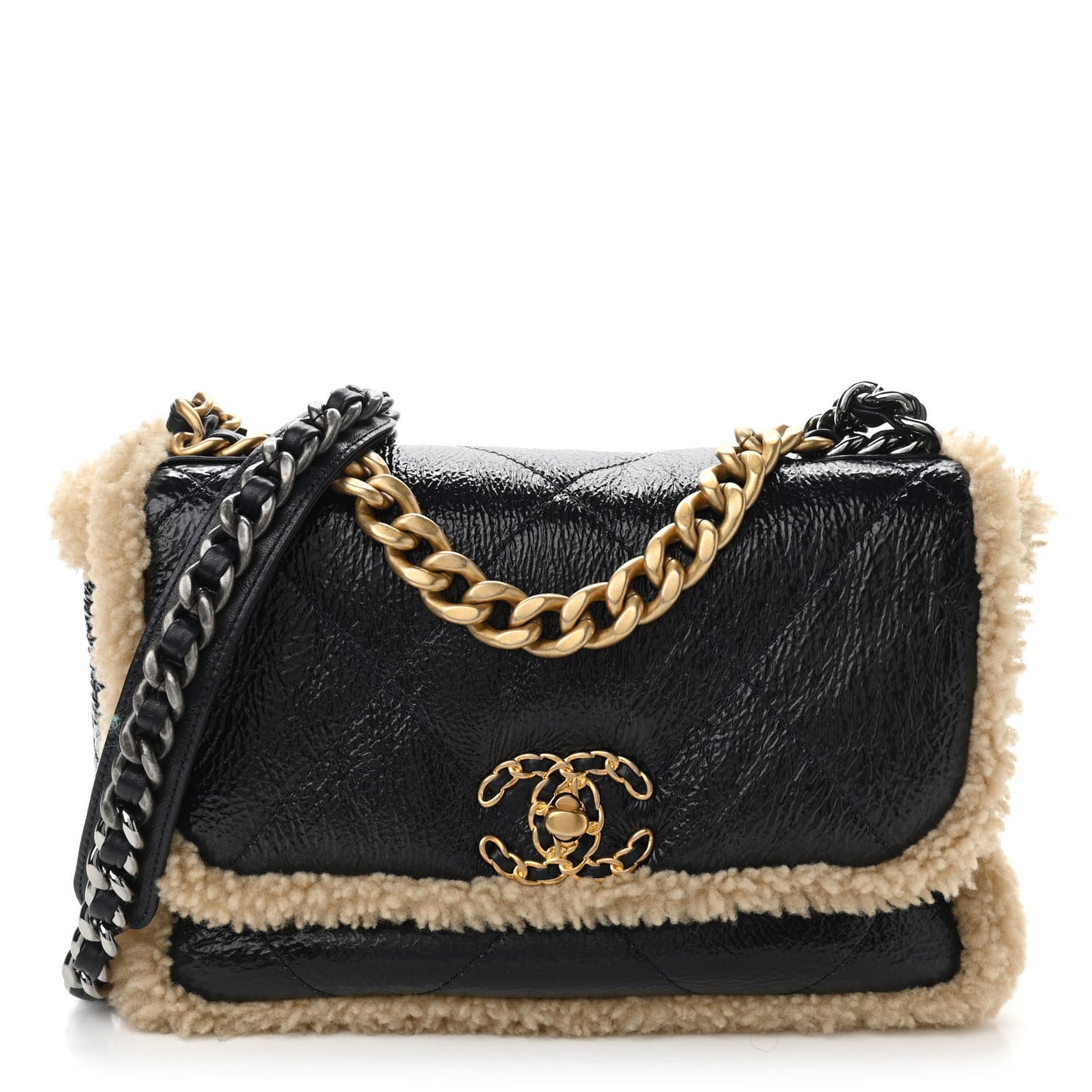 Crumpled Calfskin Shearling Sheepskin Quilted Medium Chanel 19 Flap Navy