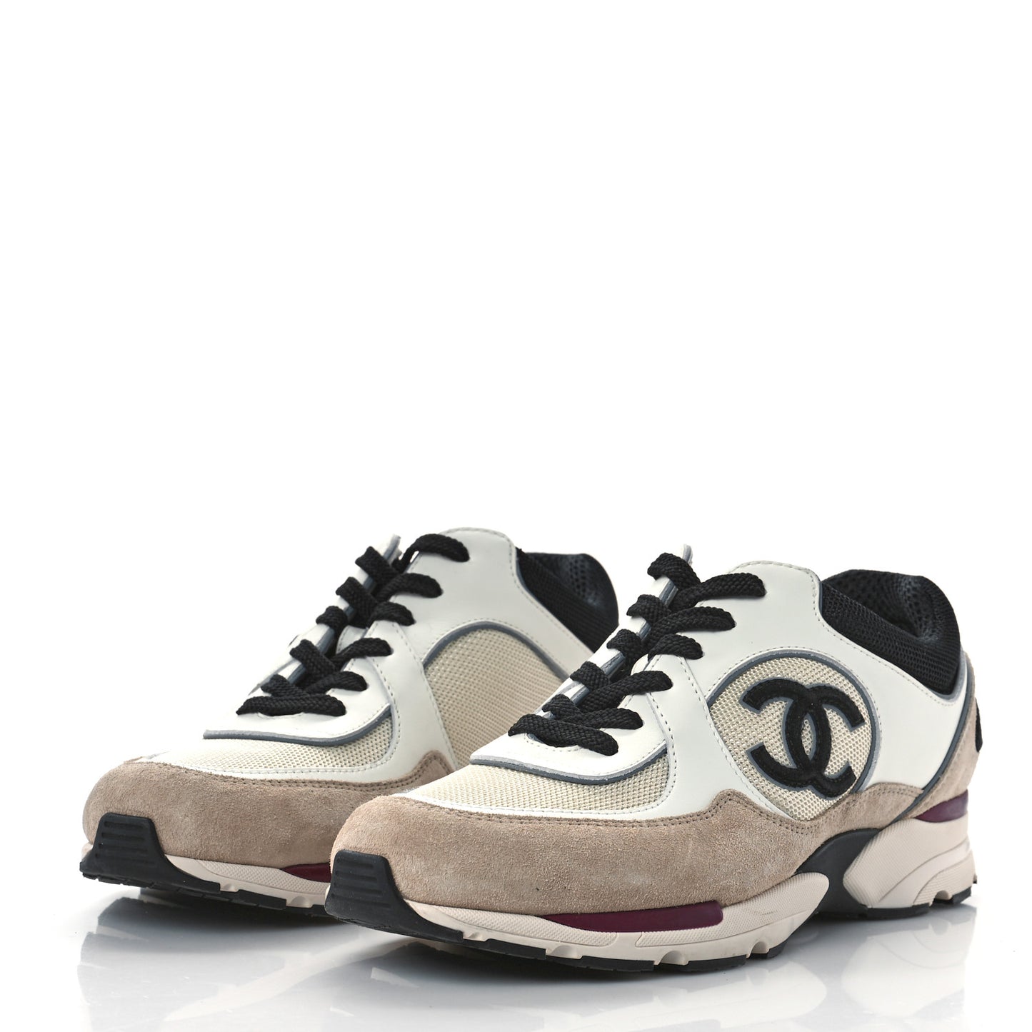 Mesh Suede Calfskin Womens CC Sneakers 40 White Ivory Dark Beige
