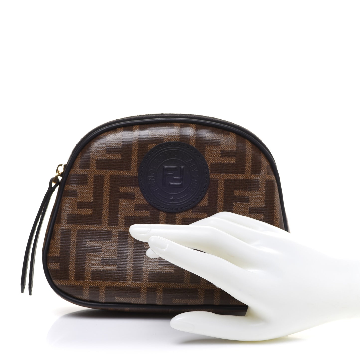 Glazed Fabric Vitello Century FF 1974 Stamp Patch Medium Cosmetic Case Mogano Panna Black