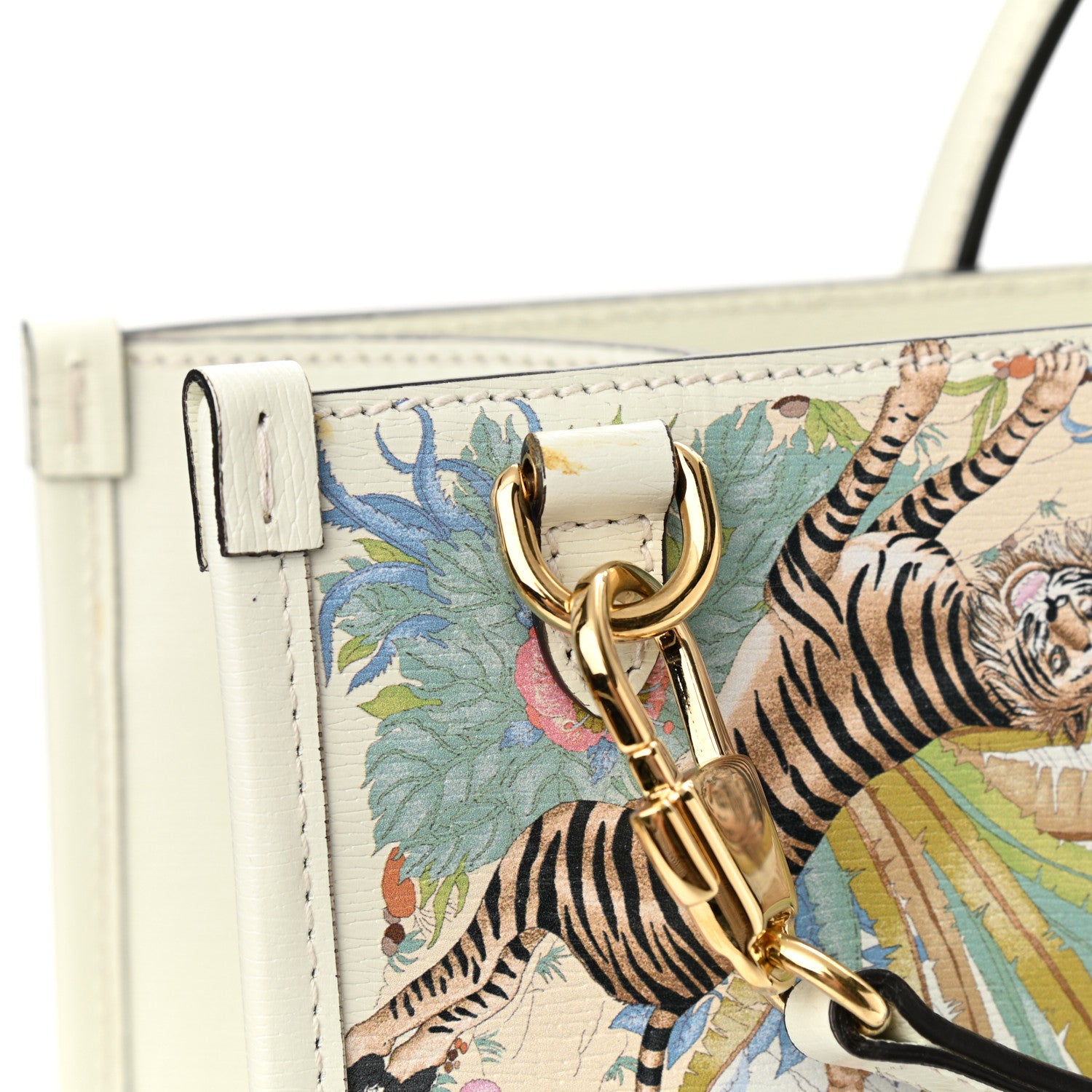 Gucci New Shangai Calfskin Tiger Savanah Textured Calfskin Medium Tote Chalky White Multicolor 11 of 11