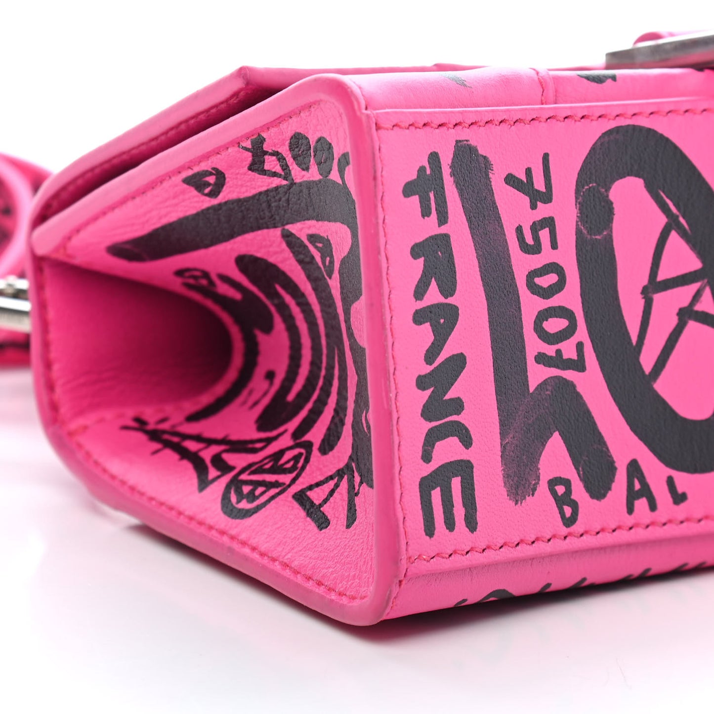 Smooth Calfskin Graffiti Hourglass Top Handle Bag XS Acid Fuchsia Black