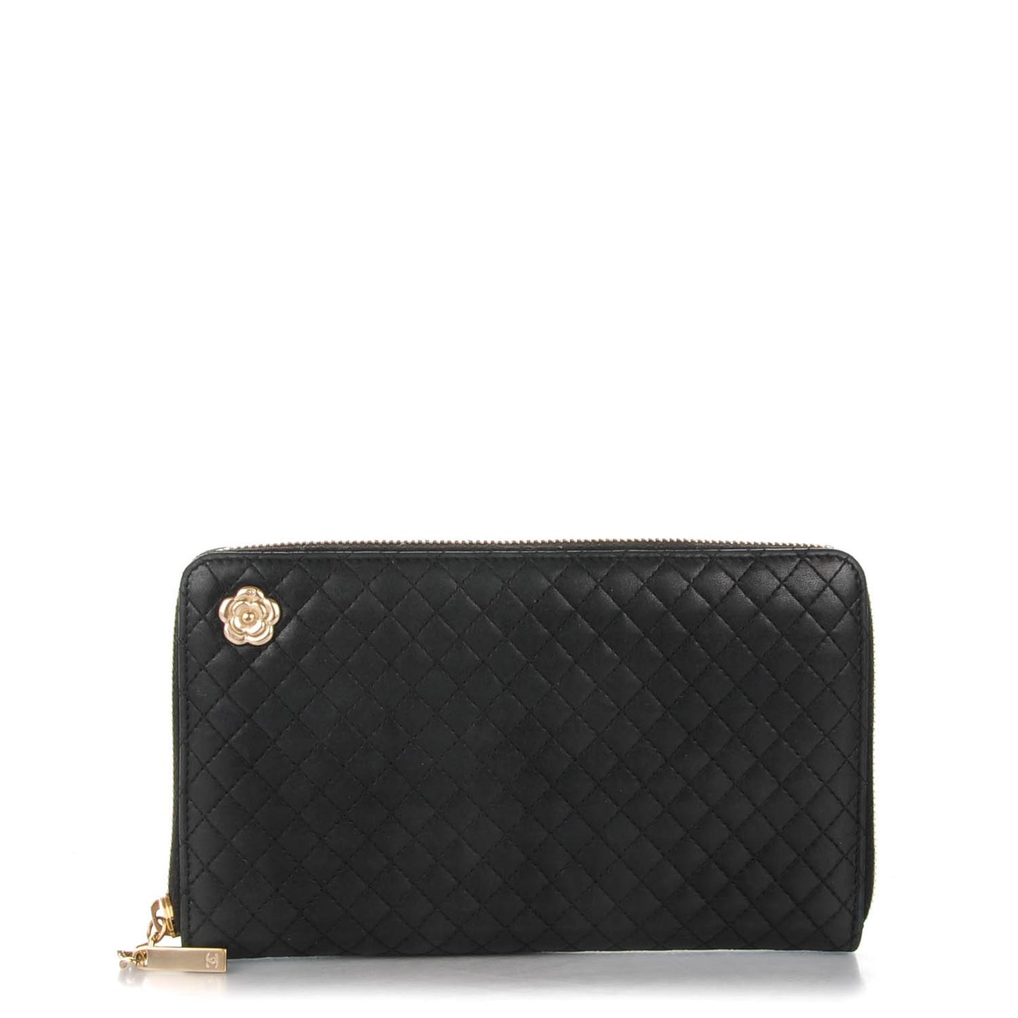 Lambskin Quilted Camellia Zip Around Organizer Wallet Black