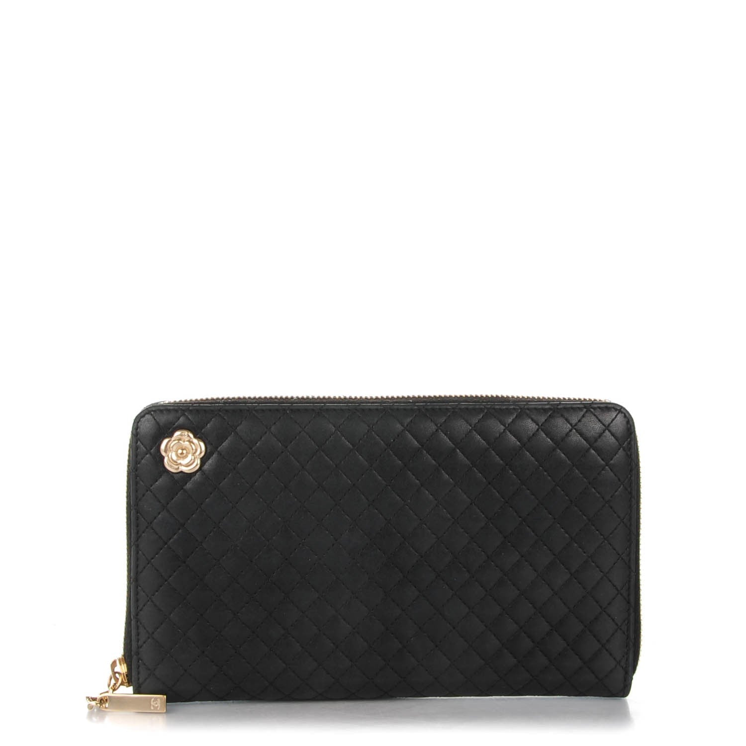 Chanel Lambskin Quilted Camellia Zip Around Organizer Wallet Black 1 of 7