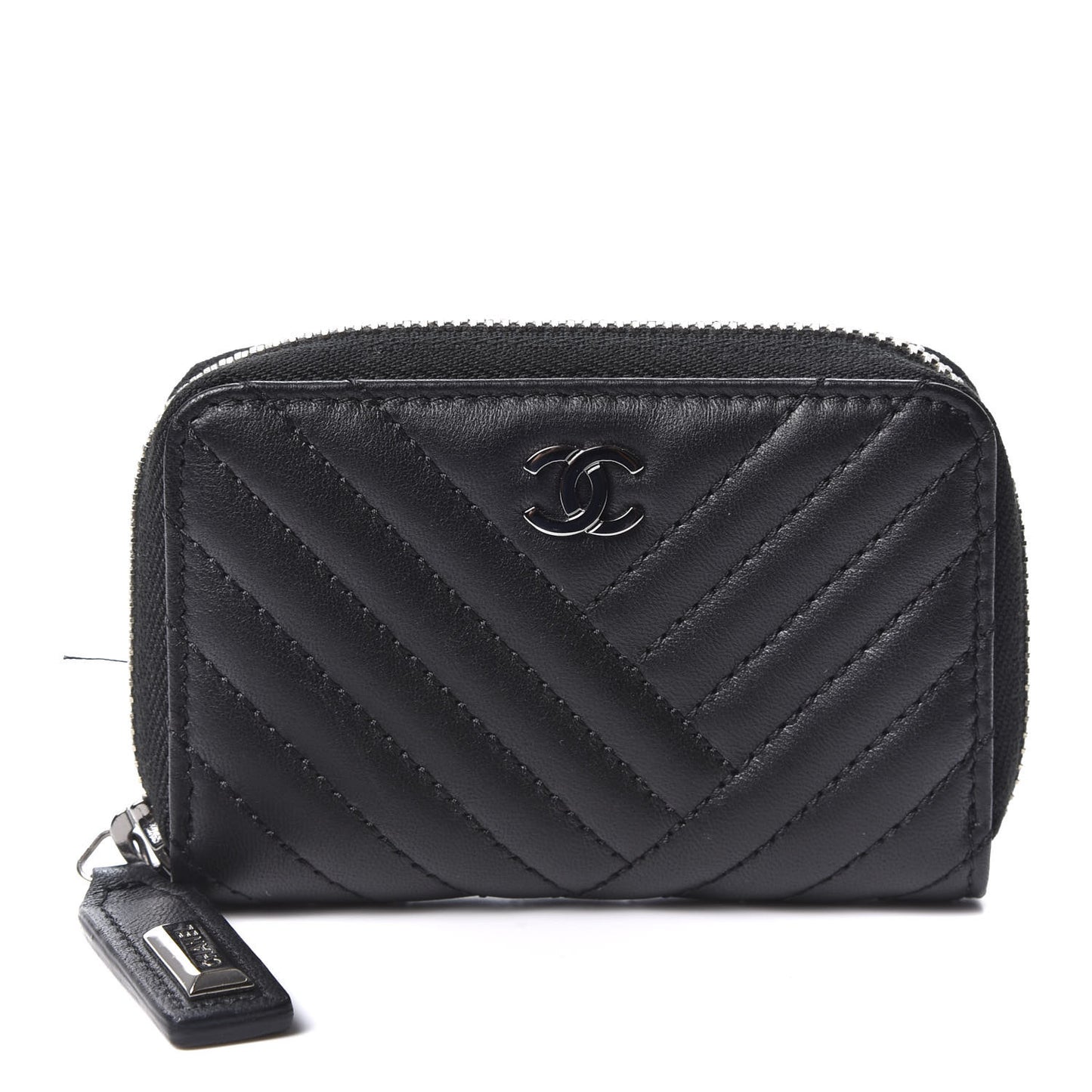 Lambskin Chevron Zip Around Coin Purse Wallet Black