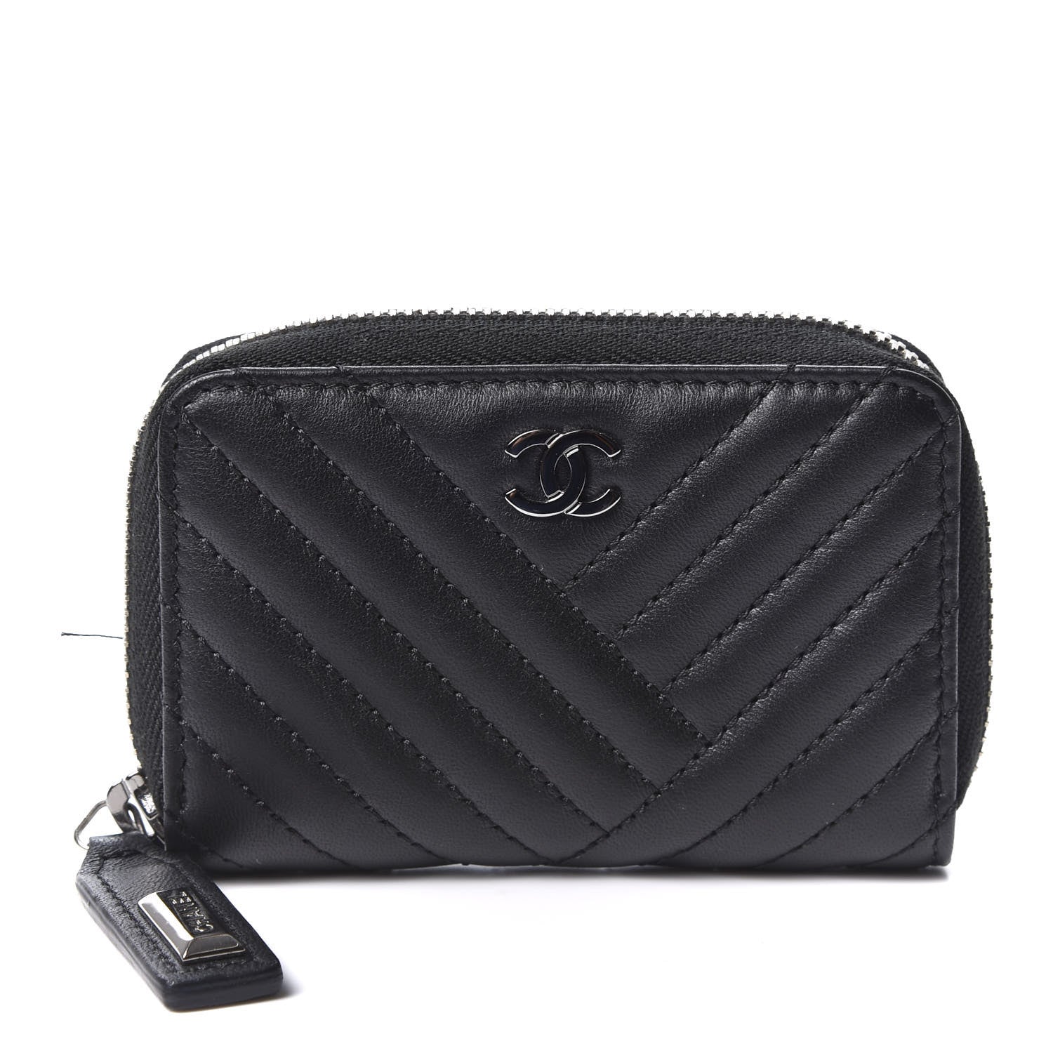Chanel Lambskin Chevron Zip Around Coin Purse Wallet Black 1 of 10