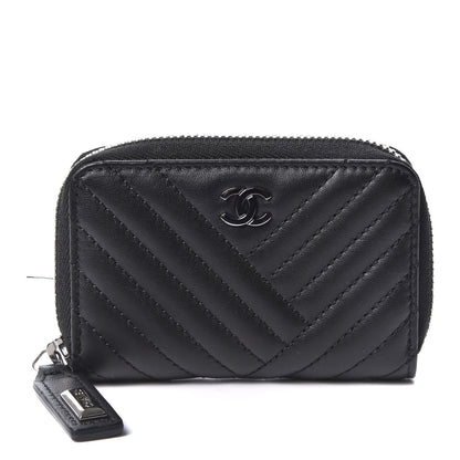 Chanel Lambskin Chevron Zip Around Coin Purse Wallet Black 1 of 10