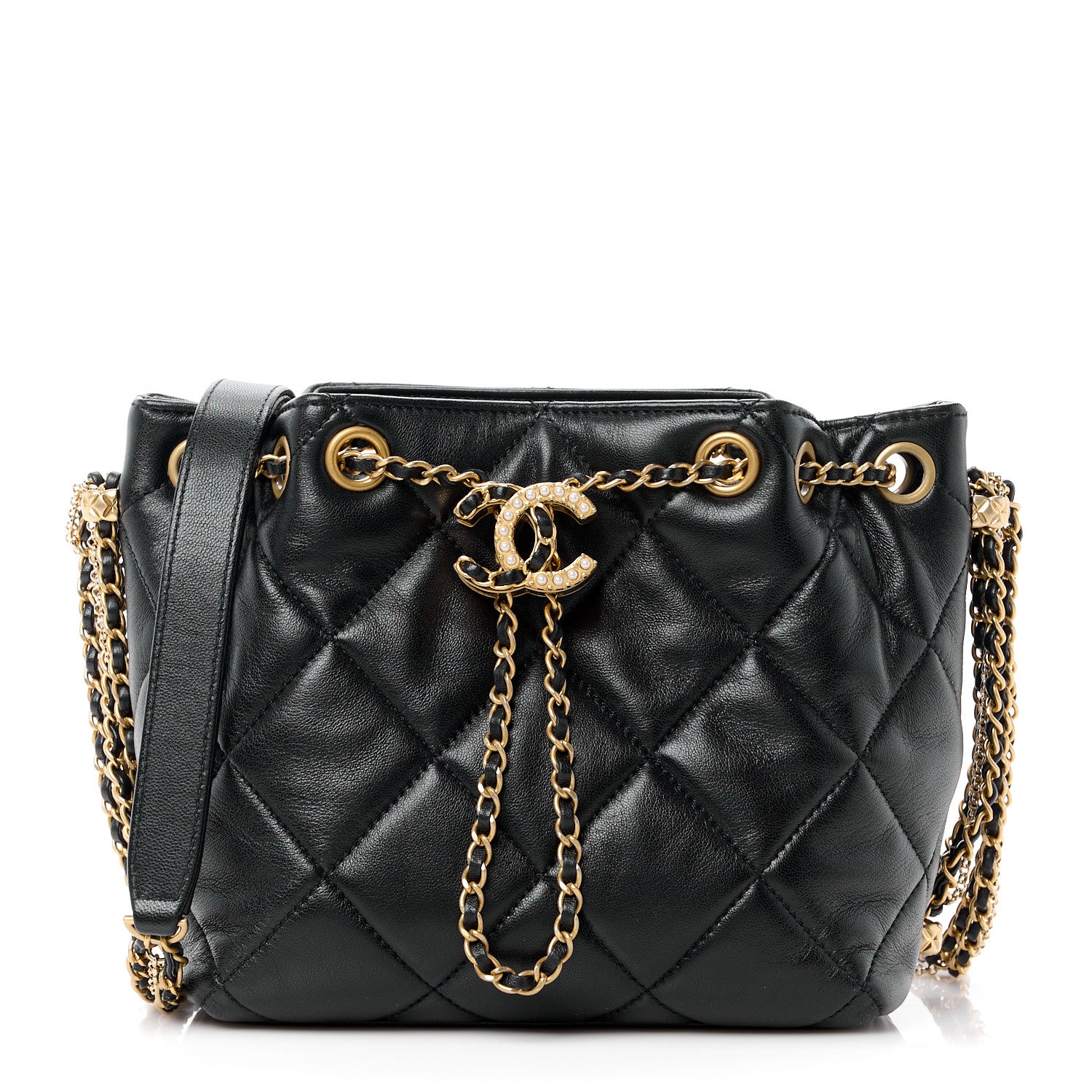 Chanel Lambskin Quilted Crush on Chains Drawstring Small Bucket Bag Black 1 of 10