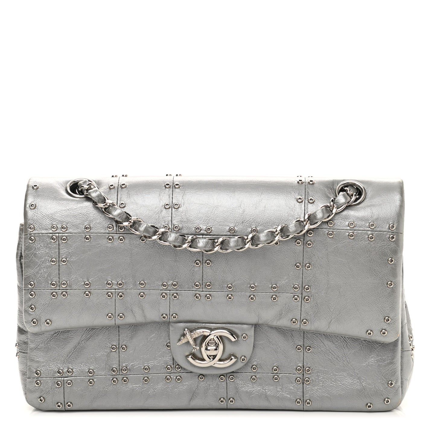 Glazed Calfskin Grommet Embellished Medium Airline Double Flap Silver