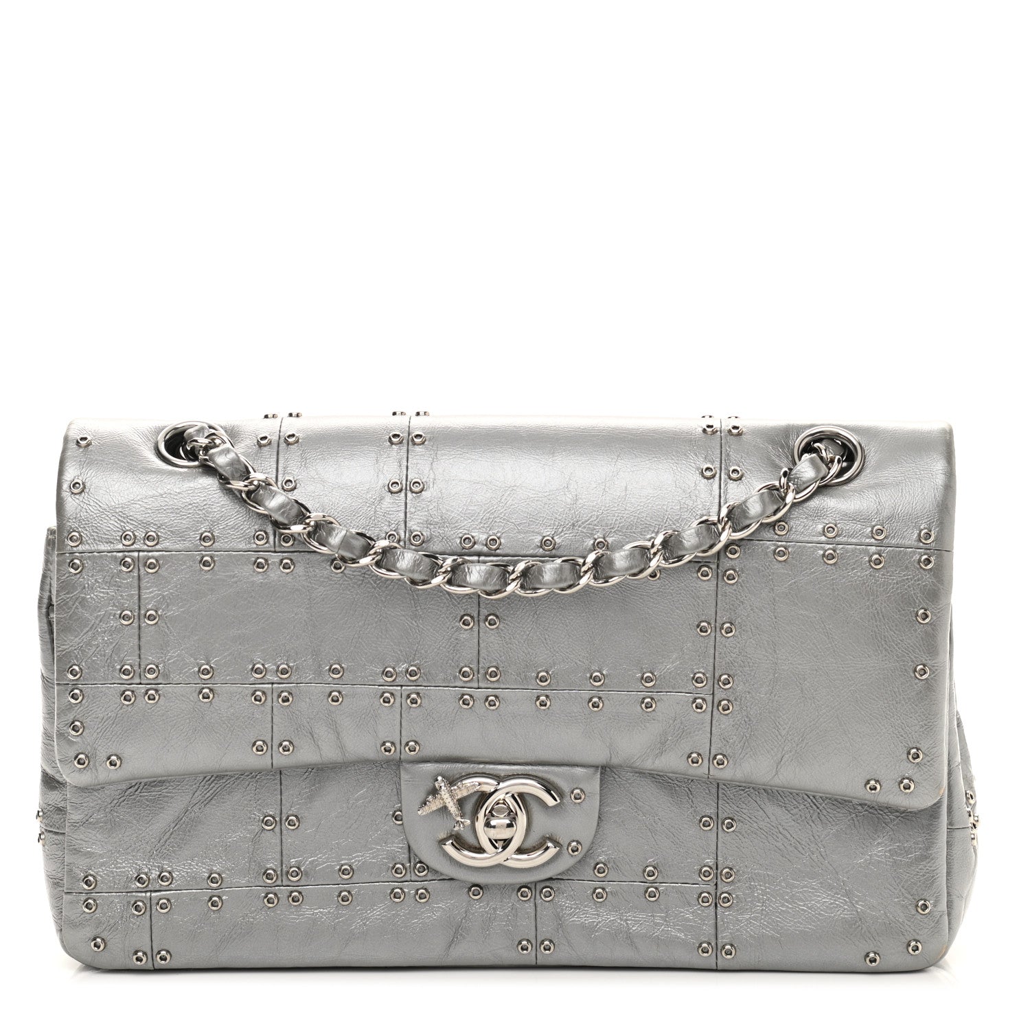Chanel Glazed Calfskin Grommet Embellished Medium Airline Double Flap Silver 1 of 13