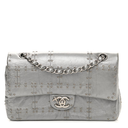 Chanel Glazed Calfskin Grommet Embellished Medium Airline Double Flap Silver 1 of 13