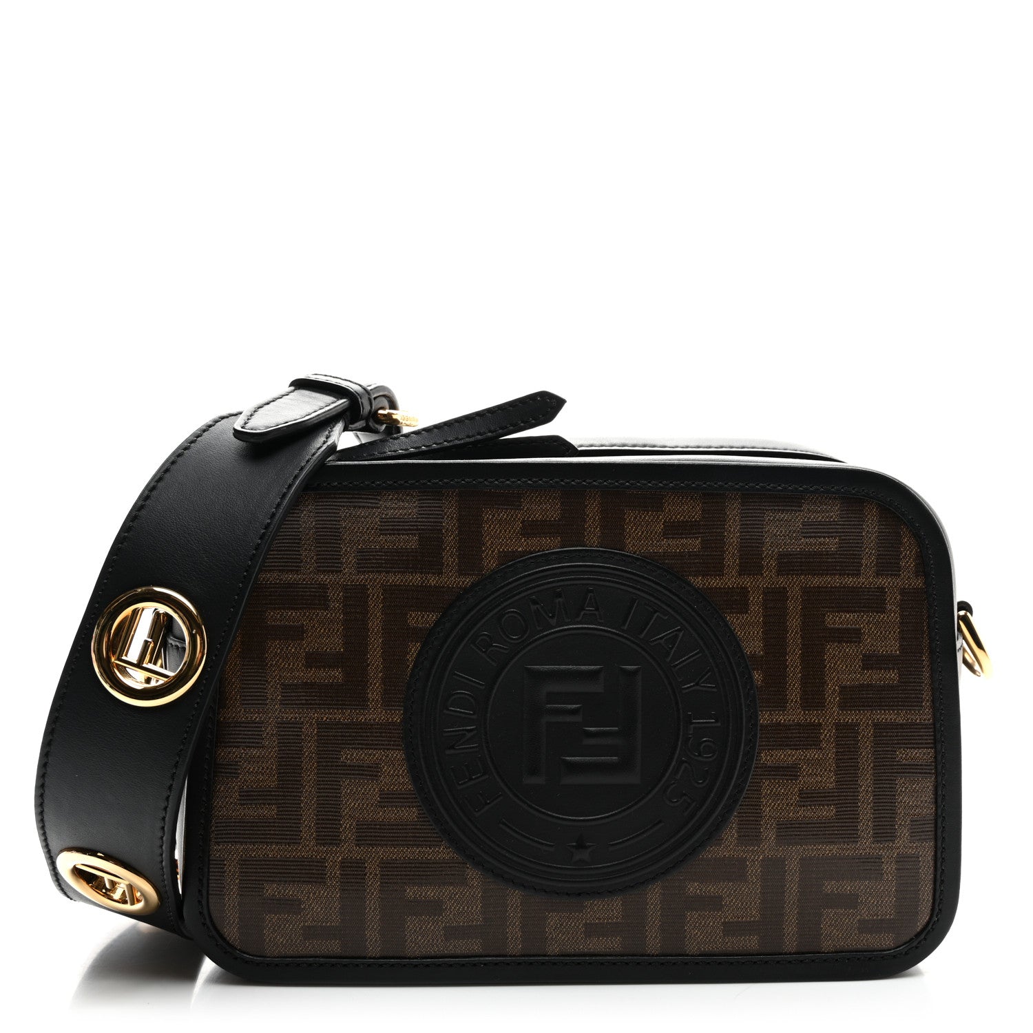 Fendi Glazed Fabric Vitello Century F is Fendi FF 1974 Stamp Patch Camera Case Mogano Panna Black 1 of 9