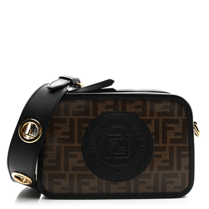 Fendi Glazed Fabric Vitello Century F is Fendi FF 1974 Stamp Patch Camera Case Mogano Panna Black 1 of 9