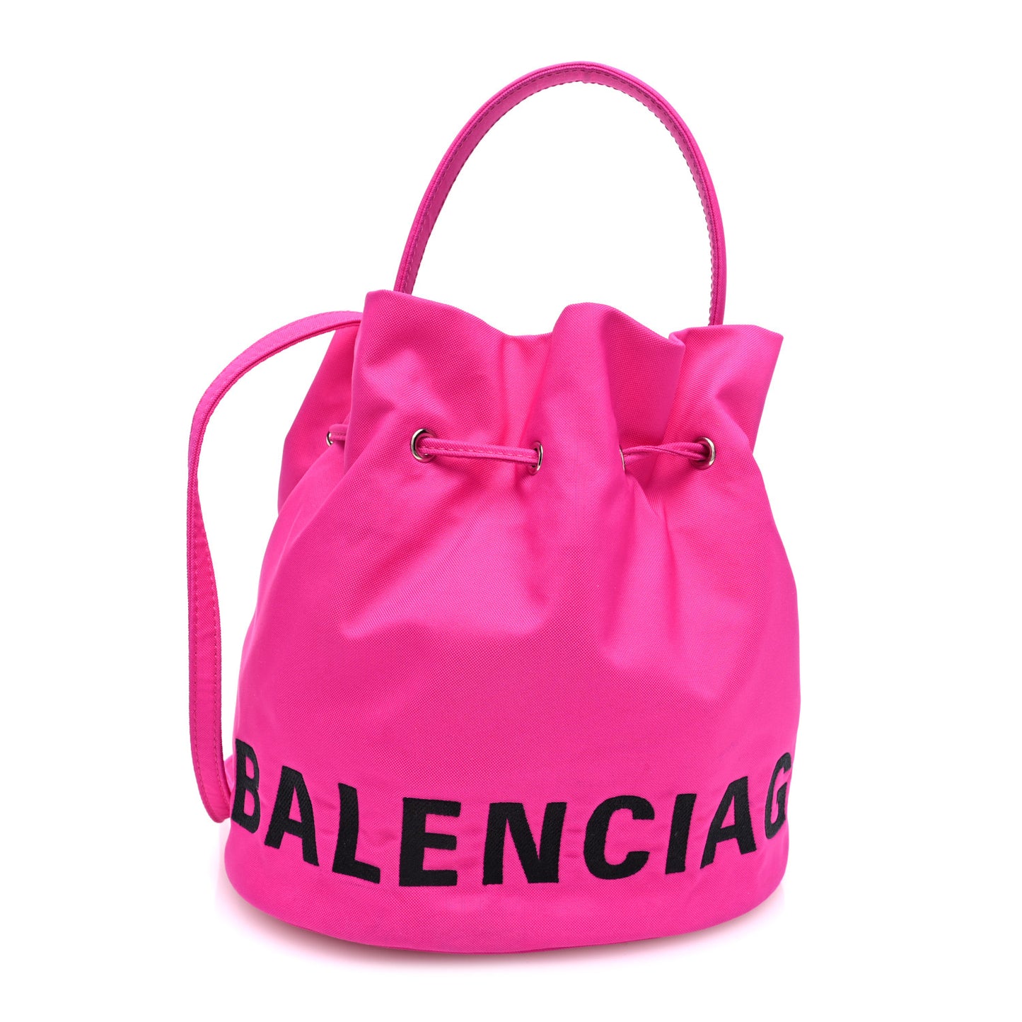 Recycled Sport Nylon Logo Embroidered Small Wheel Drawstring Bucket Bag Fluo Pink Black