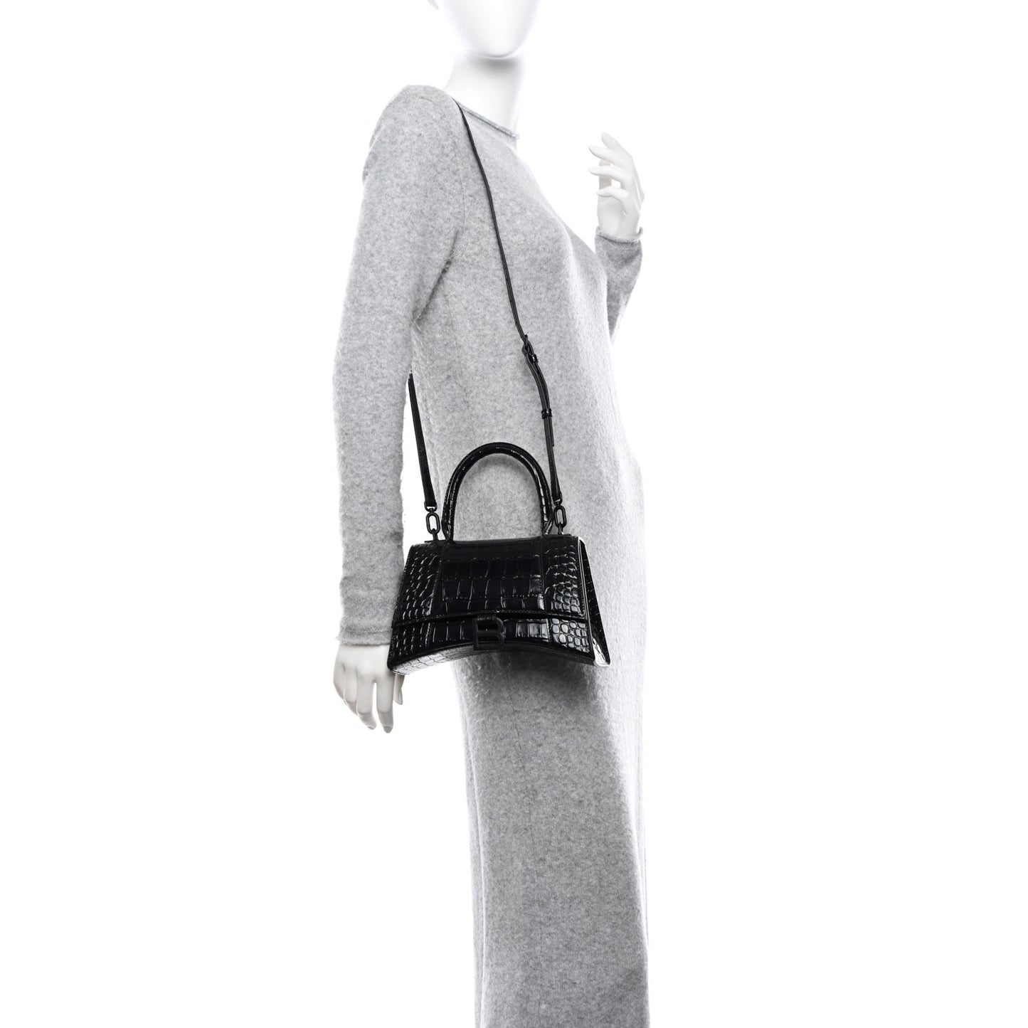 Shiny Calfskin Monochrome Crocodile Embossed Small Hourglass Top Handle Bag Black