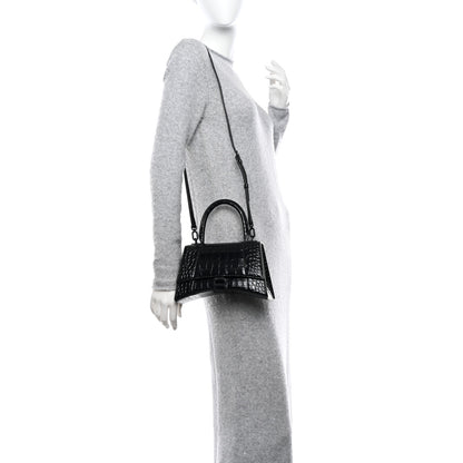 Balenciaga Shiny Calfskin Monochrome Crocodile Embossed Small Hourglass Top Handle Bag Black 2 of 10