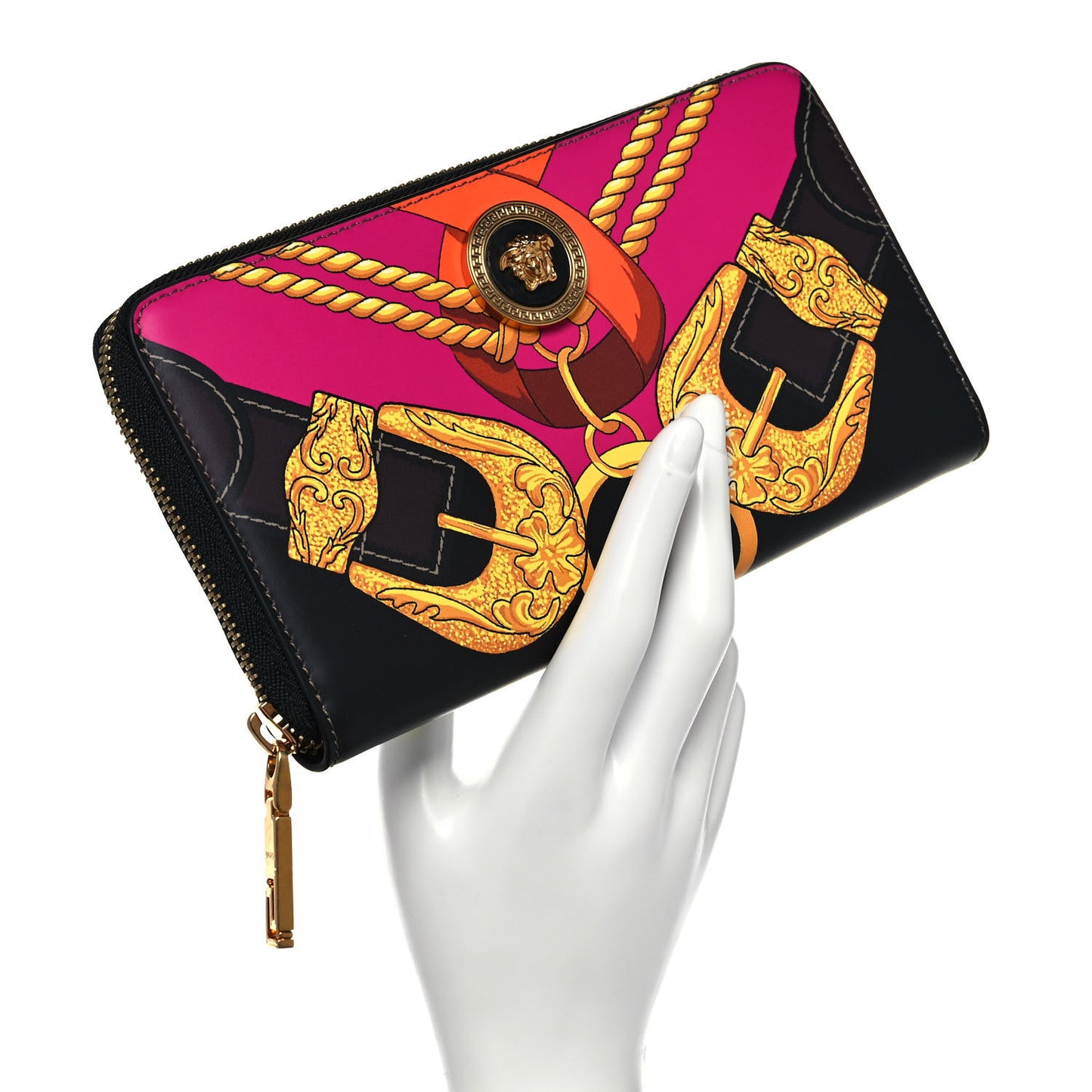 Calfskin Medusa Barocco Rodeo Print Zip Around Wallet Black Multicolor