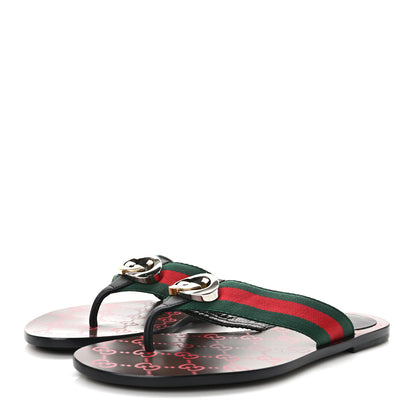 Gucci Nylon Calfskin Web GG Monogram Womens Thong Sandals 39 Green Red Cocoa 3 of 7