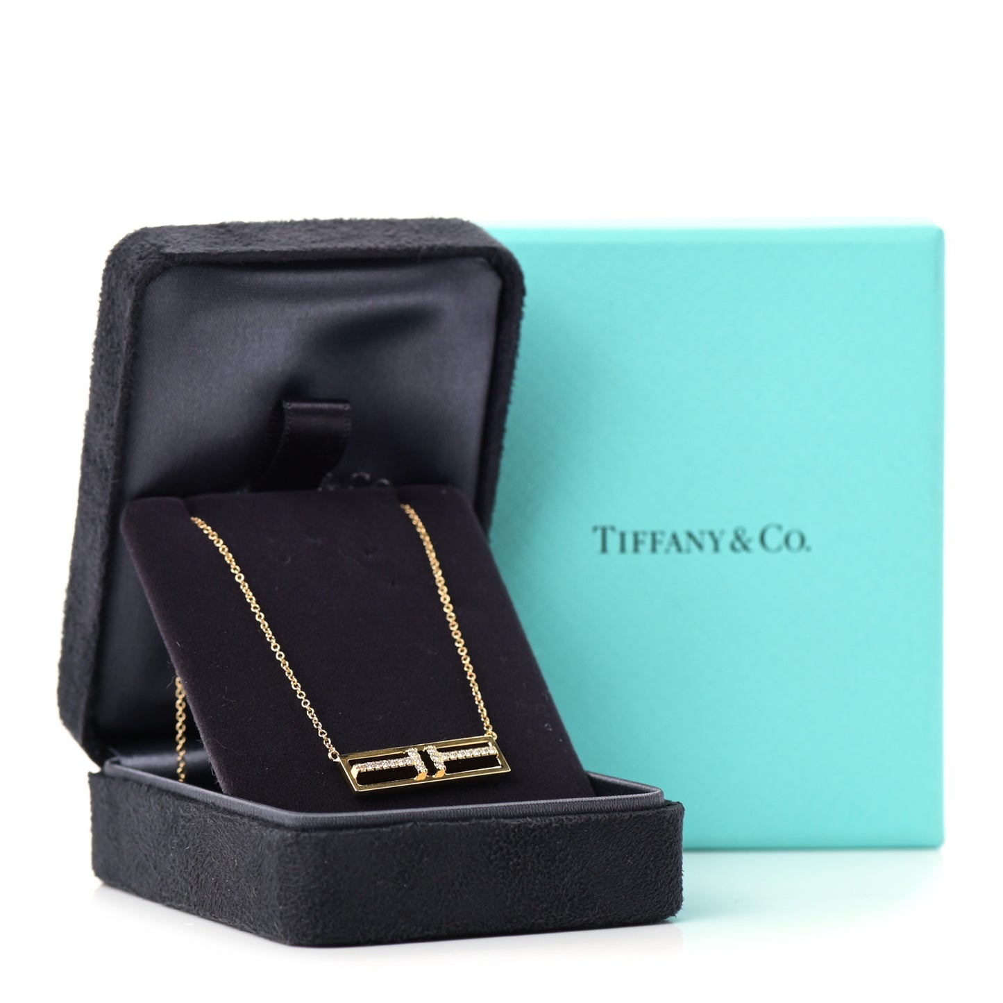 18K Yellow Gold Diamond Tiffany T Two Open Horizontal Bar Pendant