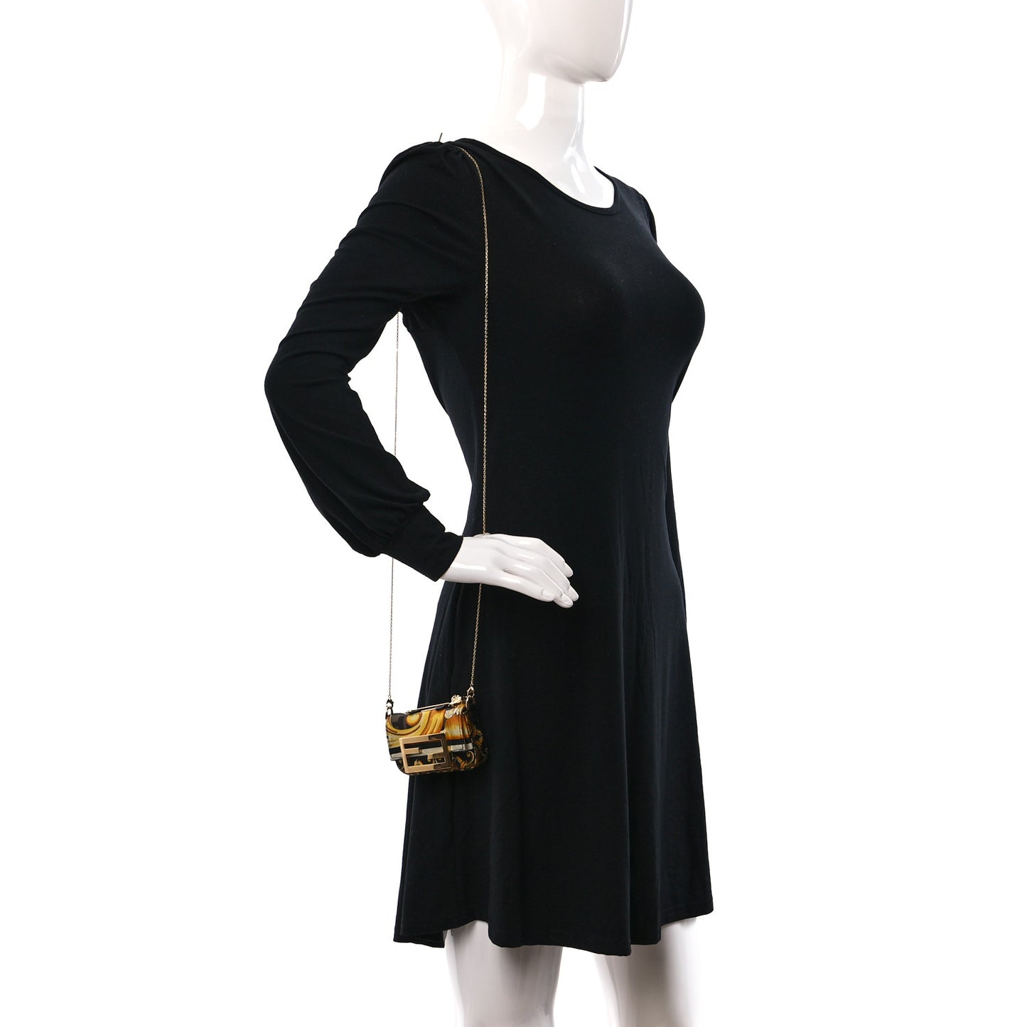 X VERSACE Silk Fendace FF Baroque Nano Brooch Baguette Black Gold