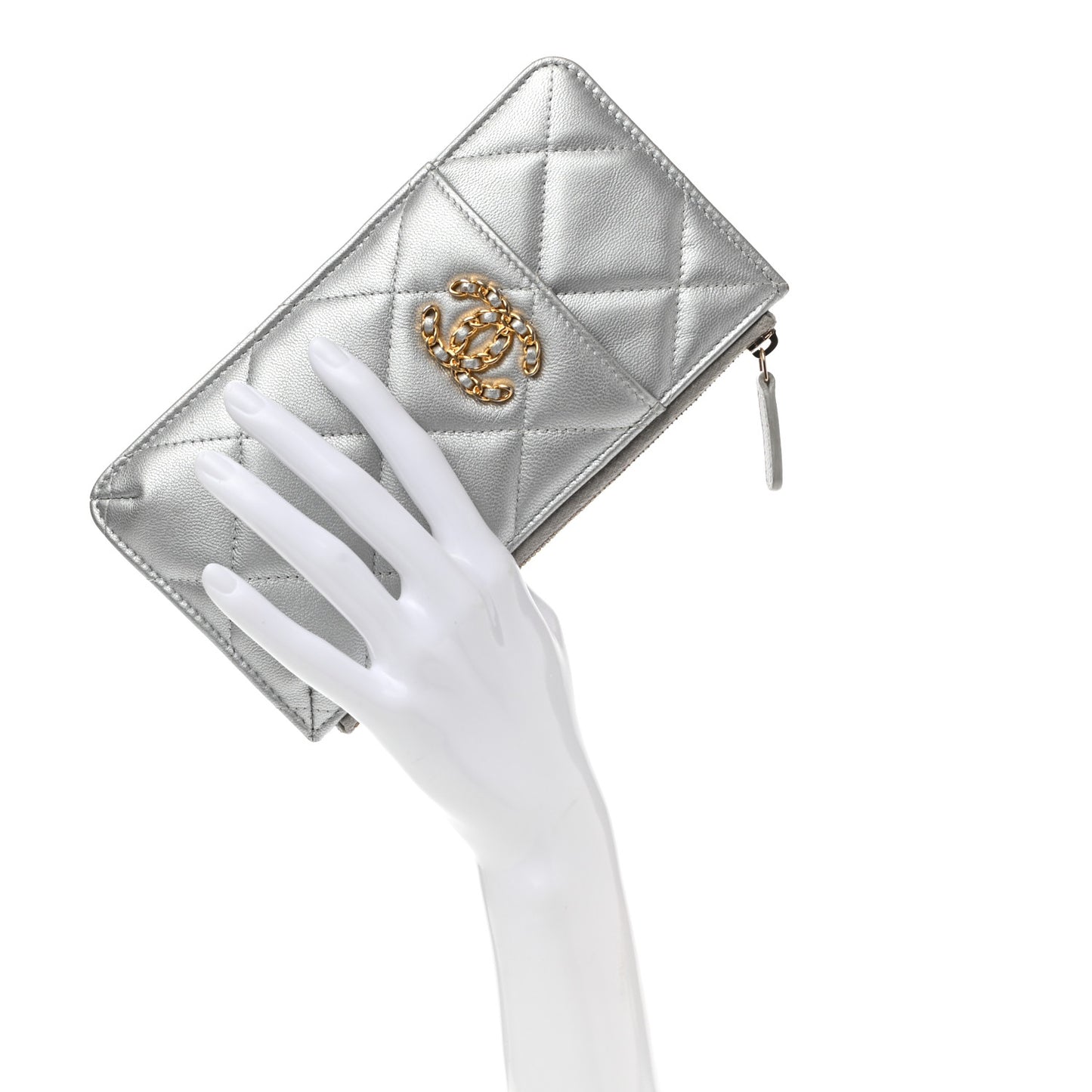 Metallic Goatskin Quilted Chanel 19 Flat Wallet Pouch Silver