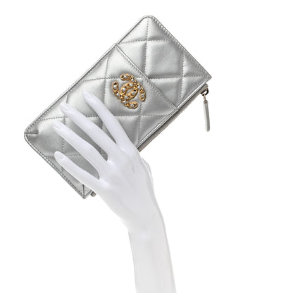 Chanel Metallic Goatskin Quilted Chanel 19 Flat Wallet Pouch Silver 2 of 9