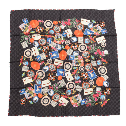 Gucci Silk Twill Monogram Courrier Square Scarf Black Light Grey 1 of 4